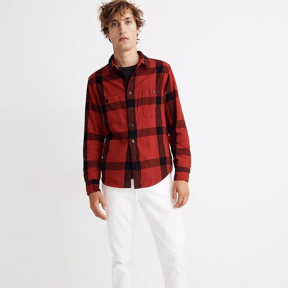 Madewell Heavyweight Twill Mens Plaid  Button Down Shirt black red size M - Picture 1 of 7